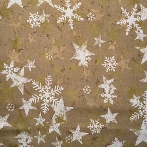 White Snowflake with White & Gold Metallic Star on Tan Cotton Fabric - 1/2 Yard